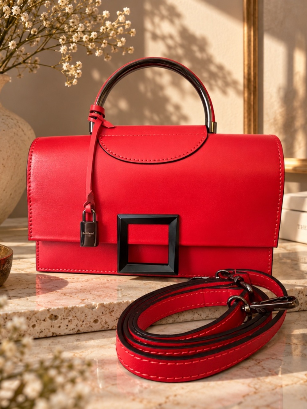 NWT Baldinini Red Genuine Leather Top Handle Crossbody Gunmetal Hardware Italy